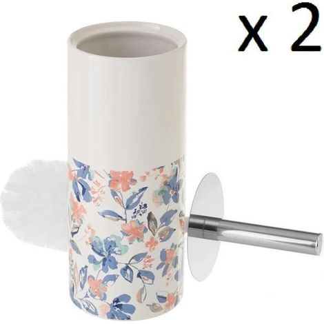 Lot de 2 brosse de toilette WC avec support, porte brosse WC en céramique avec motif floral multicolore-Diamètre 10 x Hauteur 32 cm (1/4)