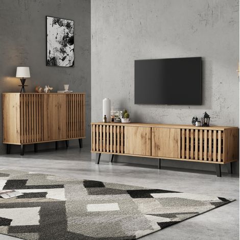 TV-Schrank und Sideboard (180 x 40 x 55 cm, 150 x 40 x 95 cm), mit Fächern, Spanplatte, Naturholz (1/5)