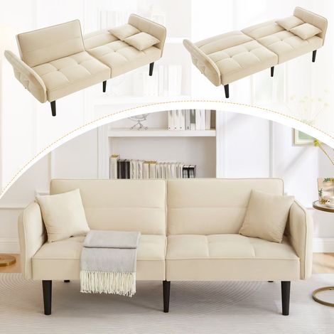 Sofá cama plegable beige, moderno y sencillo, con seis patas de madera maciza, ideal para relajarse en casa o recibir visitas. (1/5)