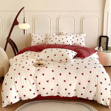 Housse de Couette 200x200cm+2 Taie d'oreiller 65x65cm Coeur Imprimé Rouge Blanc Parure de lit 2 Personnes Adulte Motif du Cœur Sets de Housse Couette en Microfibre avec Fermeture Éclair (1/5)
