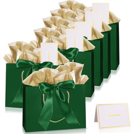 6 pièces Sacs Cadeaux Vert Foncé,Pochettes Cadeau en Papier Moyen avec Anse,Emballage Cadeaux avec Ruban d'Arc 6 Cartes 12 Mouchoirs,Paquet Luxe Elégantes pour Anniversaires Mariages Fêtes Noël