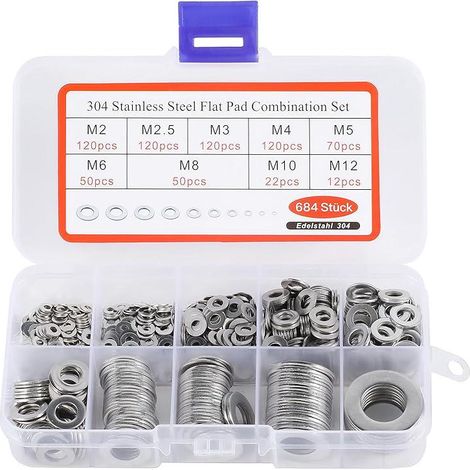 BASVII 684 Pièces Inox Rondelles Plates Metal, pour Gonds de Porte, 9 Tailles Rondelles Acier Inoxydabl 304 - M2 M2.5 M3 M4 M5 M6 M8 M10 M12 Rondelle Carrossier Inox (1/4)