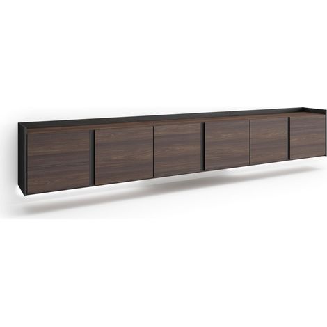 Skraut Home - Meuble TV, Banc Télé, Grand espace de Rangement, 309x35x50cm, Pour les TV jusqu'à 80", Suspendu, Mural, LED, Style moderne, Chêne foncé et Noir (1/5)