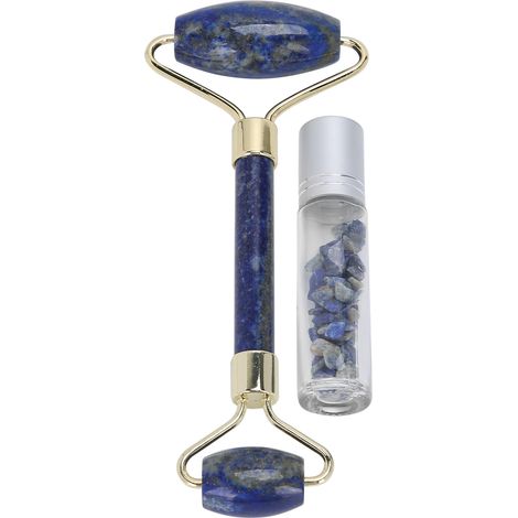 Rouleau de massage visage beauté, roller facial pierre lasurite avec flacon huile essentielle roll-on, soin peau lisse, anti-rides, tonifiant, 1 pièce (1/5)