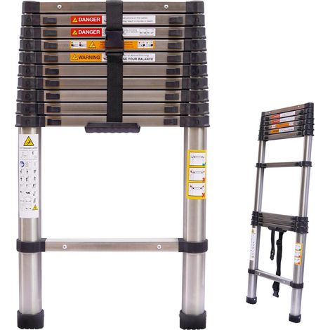 10.5ft Telescoping Ladder Stainless Steel Heavy Duty 330lbs Max Load, EN131 Certificated, Folding Extension Ladder Adjustable Height Portable Compact Collapsible Ladder for Home, Office, DIY, RV