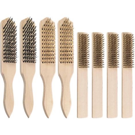 8 Pcs Metal Brush with Wooden Handle, Metal Cleaning Brush with 3 Types of Steel Wire, Manual Rigid Metal Brushes, for Cleaning Solder Residue, Rust, Wood Burrs (1/5)