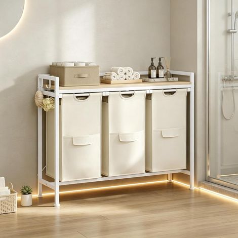 Range-linge 96x30x71 cm en bois et métal blanc, avec rangement pour salle de bain FloraGrace (1/5)