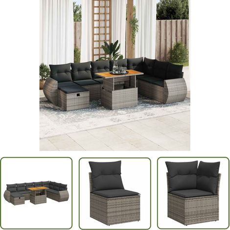 vidaXL Salon de jardin avec coussins 9 pcs gris résine tressée acacia (1/5)