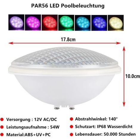Paryou – Ampoule LED piscine PAR56 54 W 12 V – Éclairage étanche IP68 – Remplacement pour lampes halogènes 300 W – 12 modes de couleurs