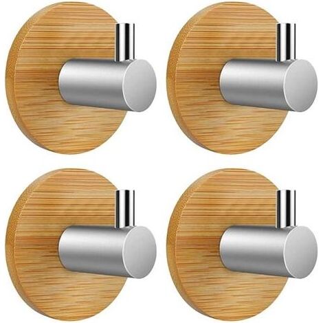 Klebehaken, Wandhaken, Selbstklebender Haken für Bad, Küche, Büro, Tür, 4 Stück (Bambus und Edelstahl, rund) (1/5)