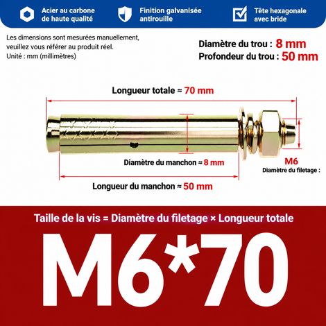 Goujon d'ancrage cheville métallique à expansion M6x70 mm perçage 8 mm lot de 50 m6 70 50 pièces 1 kg – Livraison gratuite
