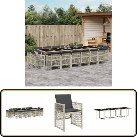 17-tlg. Garten-Essgruppe mit Kissen Hellgrau Poly Rattan - Gartentisch - Gartenmöbel Set - Outdoor Möbel - Esstisch - Gartenstühle