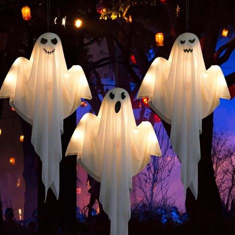 Drapeau fantôme Halloween LED 60 x 60 cm lot de 3 - 3 modes d'éclairage polyester suspension murale intérieur extérieur (1/5)