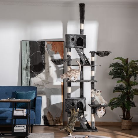 Gris - Arbre à chat du sol au plafond 240-260 cm doté de hauteur ajustable Plateformes multiples Grottes, paniers et rampes