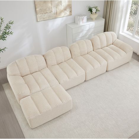 Sofa modulare 4 posti beige bianco in fleece granulato con chaise longue, seduta ampia e struttura senza telaio (1/5)