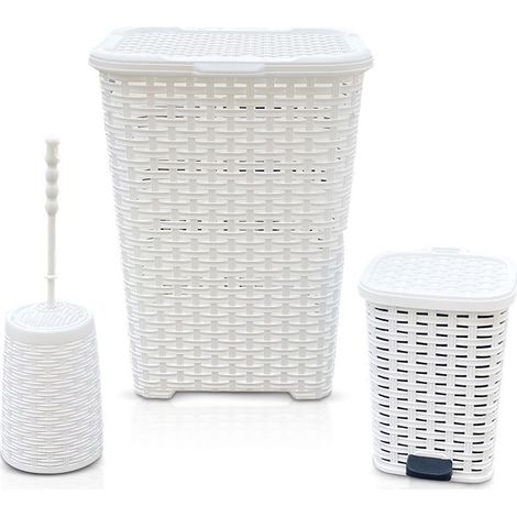 304636 Set 3pcs accesorios de baño en ratán cesto para la ropa y escobillero