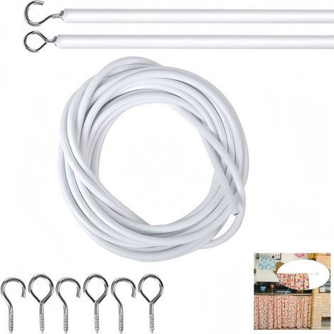 1 piece - White curtain cord (5 meters) - Plastic coated curtain cord - With 6 screw holes and 6 hooks - Suitable for curtain rods and shower curtains - White (1/5)