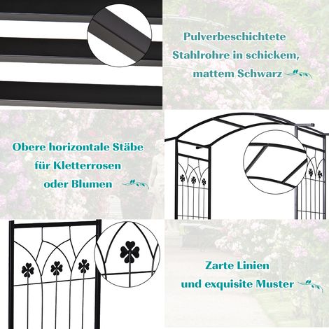 Arche de jardin Outsunny avec banc intégré, treillis, support pour plantes grimpantes, toit voûté, acier, noir, 154 x 60 x 205 cm (1/4)