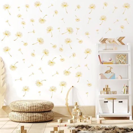 Lntyq Stickers Muraux Fleur de Pissenlit Autocollant Mural Plantes Doré Deco Fenêtre Stickers Salon Salle de Bain Chambre Enfants Bébé Décoration