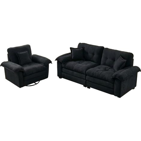 2-teiliges Chenille-Sofa-Set in Schwarz: Einzelsofa und Loveseat mit Zierkissen (1/5)