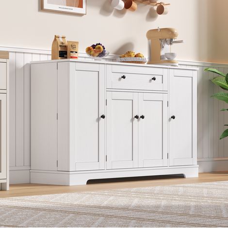 Credenza da cucina 138 cm con cassetto, ante e ripiani regolabili, bianco MDF DESVIAE (1/5)