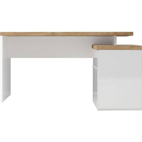 Bureau 138cm avec retour rangements blanc laqué brillant plateau aspect bois finition Cadiz - GENIUS (1/5)