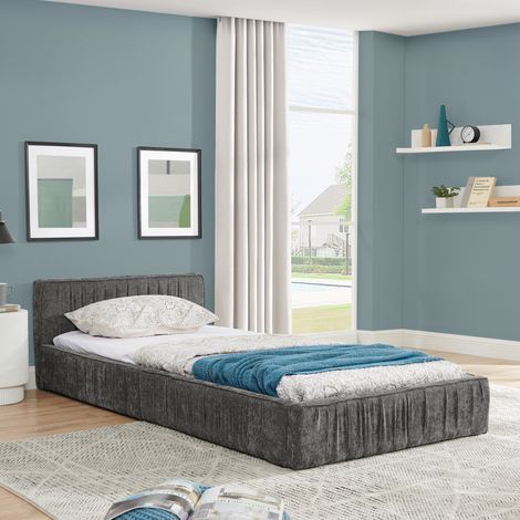 Einzelbett Chenille Dark Gray 90x200 cm mit Eukalyptusholz und Eisenrahmen (1/5)