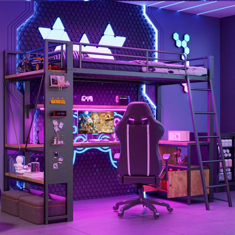 Lit mezzanine 90 x 200 cm noir en fer, bande LED, bureau, étagères multiples, mur perforé, port USB, rangement intégré, sans matelas