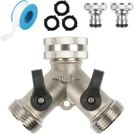 2-Voies Y-Distributeur, Adaptateur Tuyau Arrosage en Laiton de 3/4", Robinet Double Machine a Laver, pour Lave-Linge, Salle de Bain, Cuisine, avec 2 Répartiteur de Tuyau, 3 Rondelles et 1 Un Ruban (1/5)