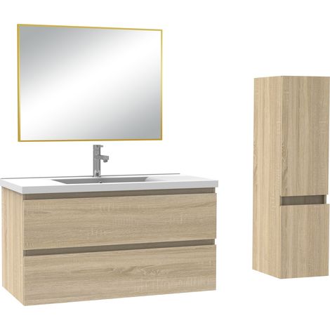 Acezanble Ensemble meubles salle de bain simple vasque 100cm Chêne Wotan meuble acve miroir