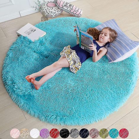 Tapis rond rose poudré, idéal pour la chambre à coucher, tapis rond moelleux 120 x 120 cm, parfait pour les enfants - Bleu (1/5)