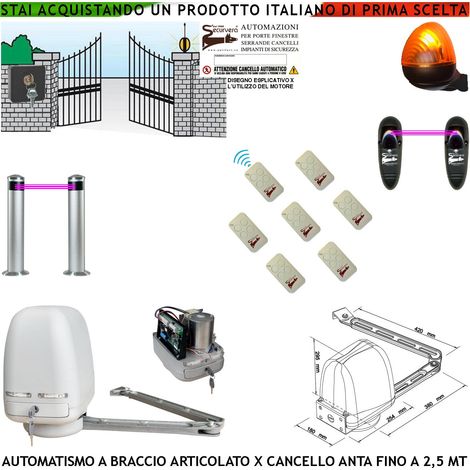 Cancello Elettrico Kit Motore a Braccio Articolato 220/24 V Anta da 0,5 a 2,5 MT Centrale 7 Radiocomandi Faro Selettore 2 Paline 2 Fotocellule (1/4)