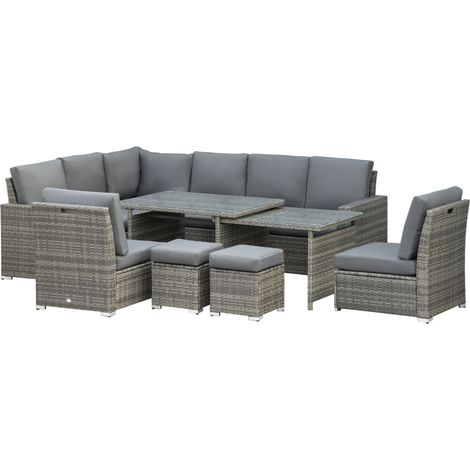 Outsunny 10-Seater Sofa Sectional w/ Cushioned Seat, Footstools and Glass Table Grey (1/5)
