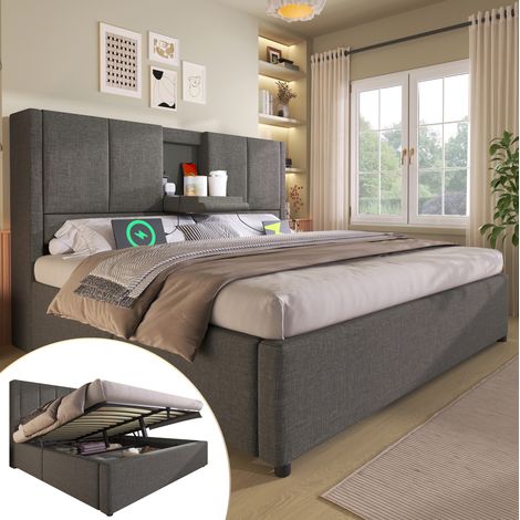 Cama tapizada de lino gris 140x200 cm con almacenaje, somier de láminas, cabecero con cargador USB/USB-C y portavasos (1/5)