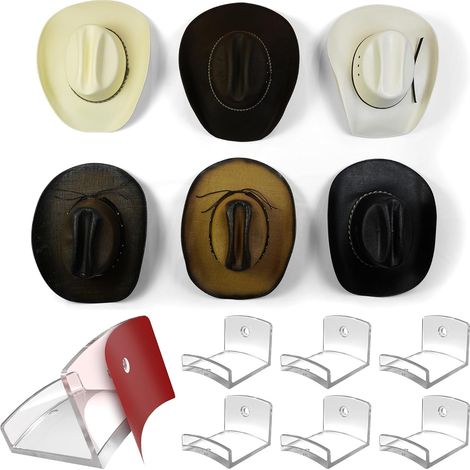 Adhesive Hat Hooks for Wall (6-Pack) - Cowboy Hat Rack, Wide Brim Hat Organizer, Strong Hold Hat Hangers for Wall - Clear (1/5)