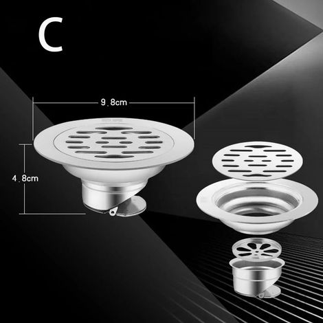 (10cm-C)With Grid Grate Cover Shower Floor Drain Stainless Steel Backflow Preventer Sink Strainer Anti-odor Round Drain Filter (1/4)