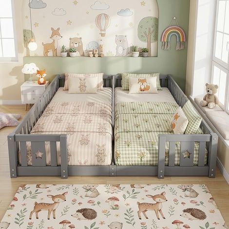 Montessori-Hausbett für Kinder 180x200 cm, Bodenbett mit Rausfallschutz und Lattenrost, massives Kiefernholz - Grau