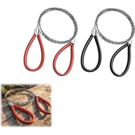 Lot de 2 scies à fil en acier inoxydable, rouge et noir, 75 cm, scie à câble portable, scie à main de survie d'urgence pour bois, PVC, tuyau, plastique (1/5)