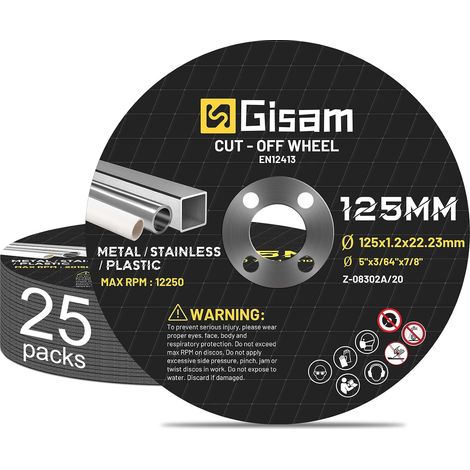 Disc Grinder 125 mm for Metal 25 Pieces, 125 x 1.2 x 22.23 mm, Bore Ø 7/8 mm, Cutting Disc, Accessory Set for Angle Grinder Ø 125 mm (1/5)