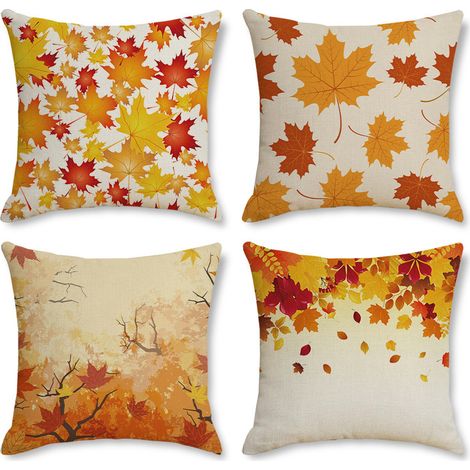 Ensemble de quatre housses de coussin à motif de feuilles d'érable d'automne (45 x 45 cm, feuille d'érable jaune) (1/3)