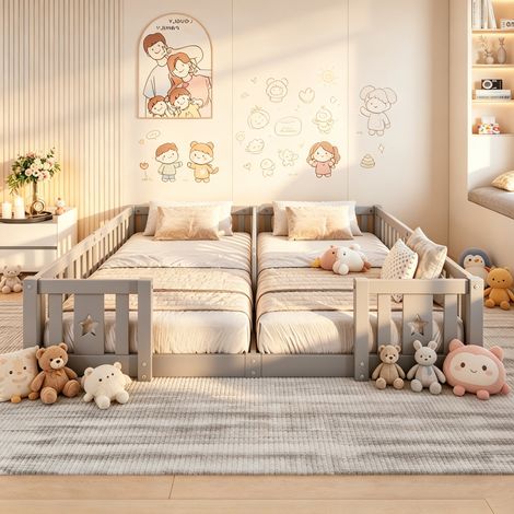 Lit Enfant 90x200 cm, Cadre en bois massif, Lit Double au Sol avec Barrière, Sans Sommier à Lattes, Motif Étoiles, Gris, pour 2 Enfants (1/5)