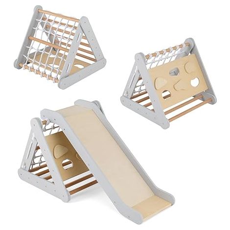 Goplus – Toboggan enfant avec triangle escalade Montessori – Filet à grimper et échelle – Charge 50 kg – Matériaux bois hêtre et bouleau – Pour intérieur (1/5)