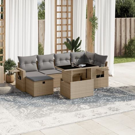 Set sofás de jardín 7 piezas y cojines ratán sintético beige vidaXL (1/5)