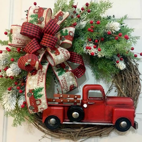 Guirlande De Noël - Couronne Artificielle Avec Camion Rouge Et Pommes De Pin - Pour Porte D Entrée Extérieure Ou Intérieure - 40 Cm (1/5)