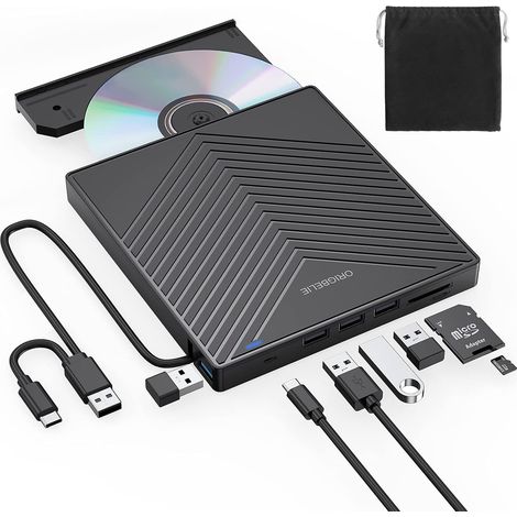 Lecteur CD DVD Externe pour PC, USB 3.0 et Type-C Graveur CD  Mince Graveur DVD Externe pour PC Laptop Desktops Windows 11/10/8/7/XP/Vista/Linux/Mac OS (1/5)