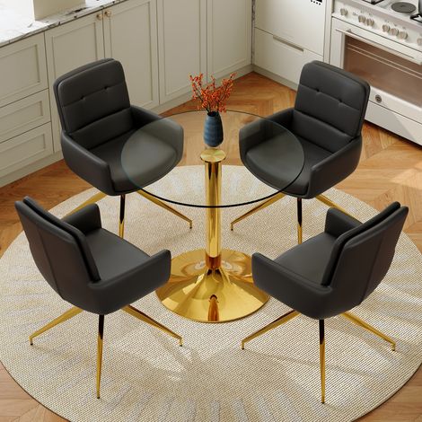 Ensemble Table et 4 Chaises de Salle à Manger, Plateau en Verre Trempé, Structure en Métal, Noir et Doré (1/5)