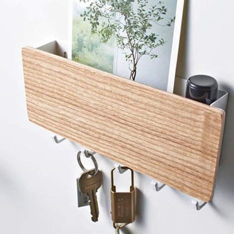 ChangM étagère Murale Range-courrier, accroche clé, Panier de Rangement, 5 Crochets,Acier Mat et Bois (1/3)