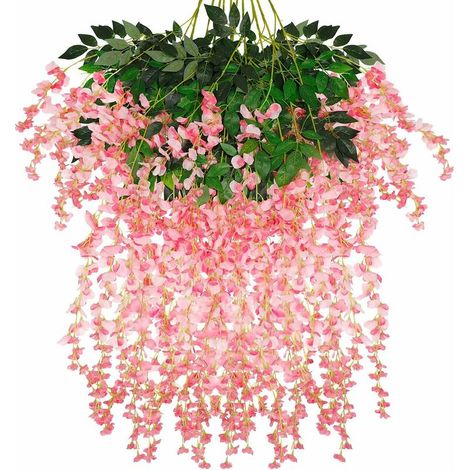 12 Pack Artificial Wisteria Vines, 3.6ft Triple Stem Ratta Faux Wisteria Long Silk Flower Garland (Pink) (1/5)