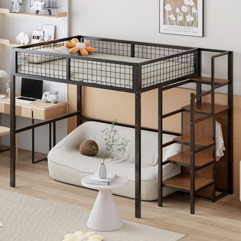 Hochbett 140x200 cm aus Metall, mit Schrank, Regalen, Treppe mit Stauraum, Lattenrost, kombinierter Erwachsenenhochbett - Schwarz