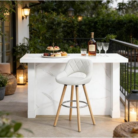 MEUBLIV Tabouret de bar blanc en similicuir avec dossier et pieds en bois (1/5)